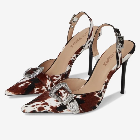 Steve Madden Shoes - Steve Madden Brown White Cow Print Pointed Slingback Heels with Silver Buckles